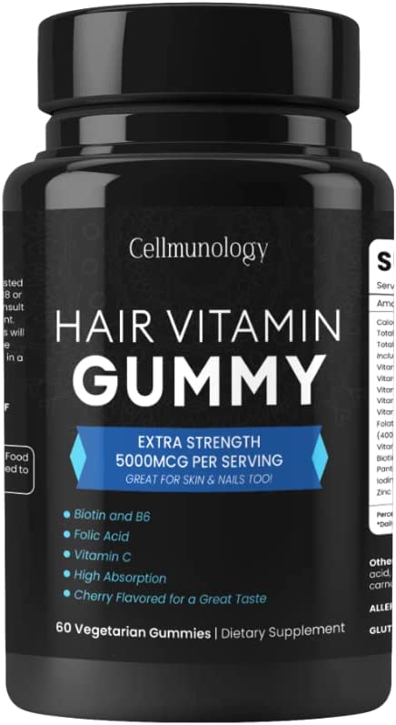 Cellmunology Hair Vitamin Gummy with Biotin 5000 MCG - Extra Strength and Healthy Hair Growth SupplementGluten-Free - 60 Cherry Flavored