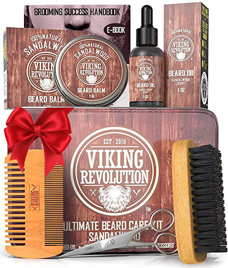 Viking Revolution Beard Care Kit For Men - Sandalwood - Gift Set - Ultimate Beard Grooming Kit Includes Beard Oil, Beard Balm, Brush, Comb, Scissors & More - Beard Care Set