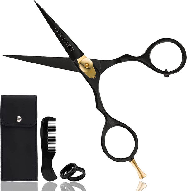 ONTAKI 5.5" Professional Japanese Steel Beard Scissor Salon Shears - Hand Forged Barber Scissors (Gold & Black)