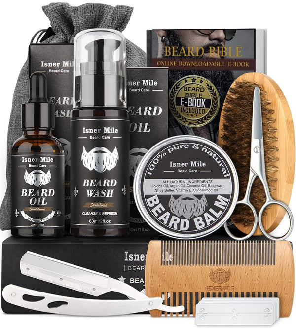 Isner Mile Beard Kit for Men, Grooming & Trimming Tool Complete Set with Shampoo Wash, Beard Care Growth Oil, Balm, Brush, Comb, Scissors & Storage Bag, Perfect Gifts for Him Man Dad Father Boyfriend