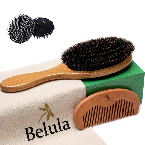 Belula 100% Boar Bristle Hair Brush for Men Set. Hairbrush for Thin, Normal and Short Hair. Boar Bristle Brush and Wooden Comb for Men. Free 2 x Palm Brush & Travel Bag Included.