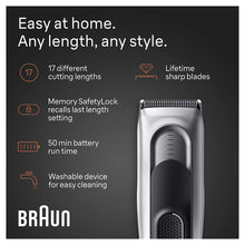 Braun Hair Clippers Series 7 7390, Hair Clippers for Men, Hair Clip from Home with 17 Length Settings, Incl. Memory SafetyLock Recall Setting, Ultra-Sharp Blades, 2 Combs, Stand, Pouch, Washable