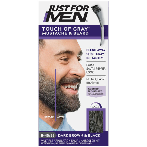 Just For Men Touch of Gray Mustache, Beard, Easy Brush-in Facial Hair Color Gel, B 45/55, Dark Brown and Black