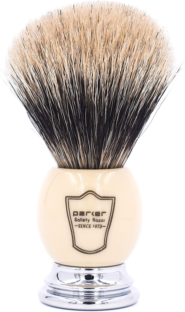 Parker Safety Razor Premium 3 Band Pure Badger Shaving Brush with Stand Included - White