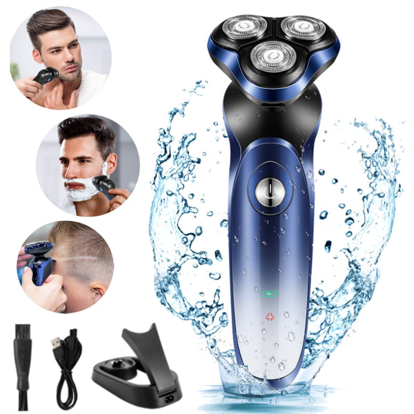 Electric Shaver for Men 2 in 1 Blue Cordless Rechargeable Razor Waterproof Wet Dry Rotary Beard Shaver with Pop-up Trimmer